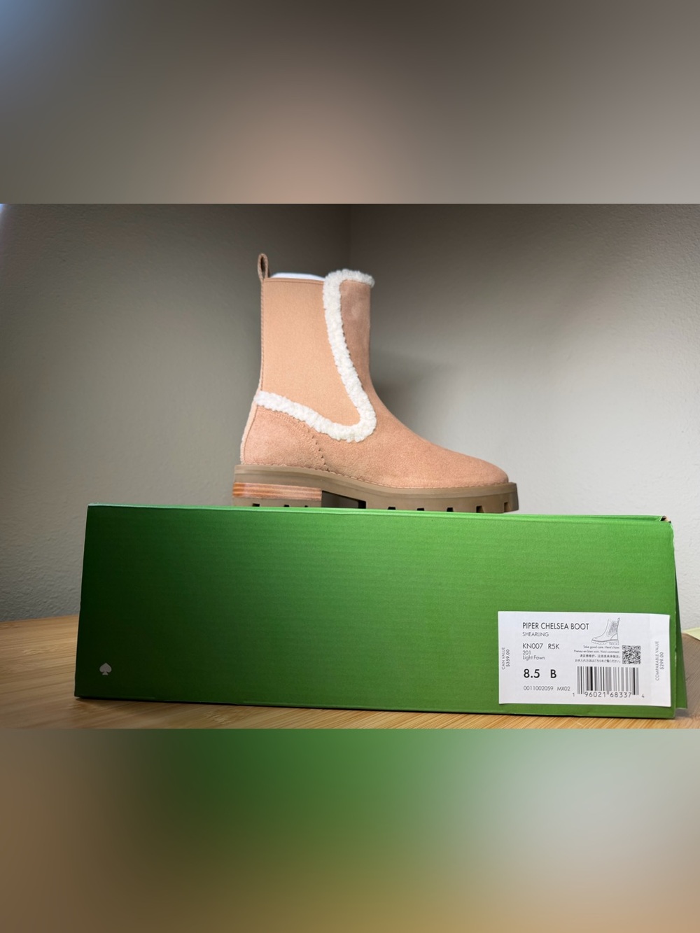Kate Spade Piper Chelsea Boots Light Fawn Shearling Trim Suede Mixed Media 8.5
